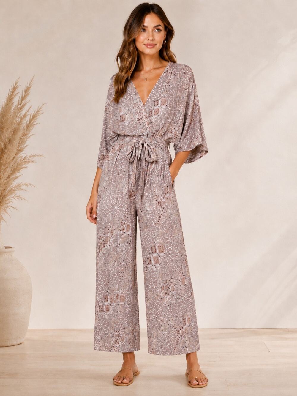 Dress Forum Boho Print Kimono Sleeve Cropped Wide Leg Jumpsuit Belted Size Small